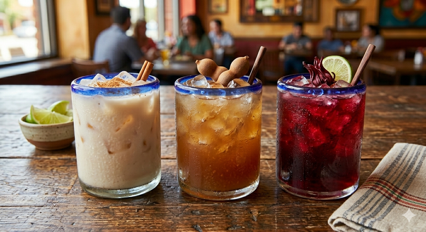 Three aguas frescas in blue rimmed glasses: horchata, tamarindo and jamaica over ice