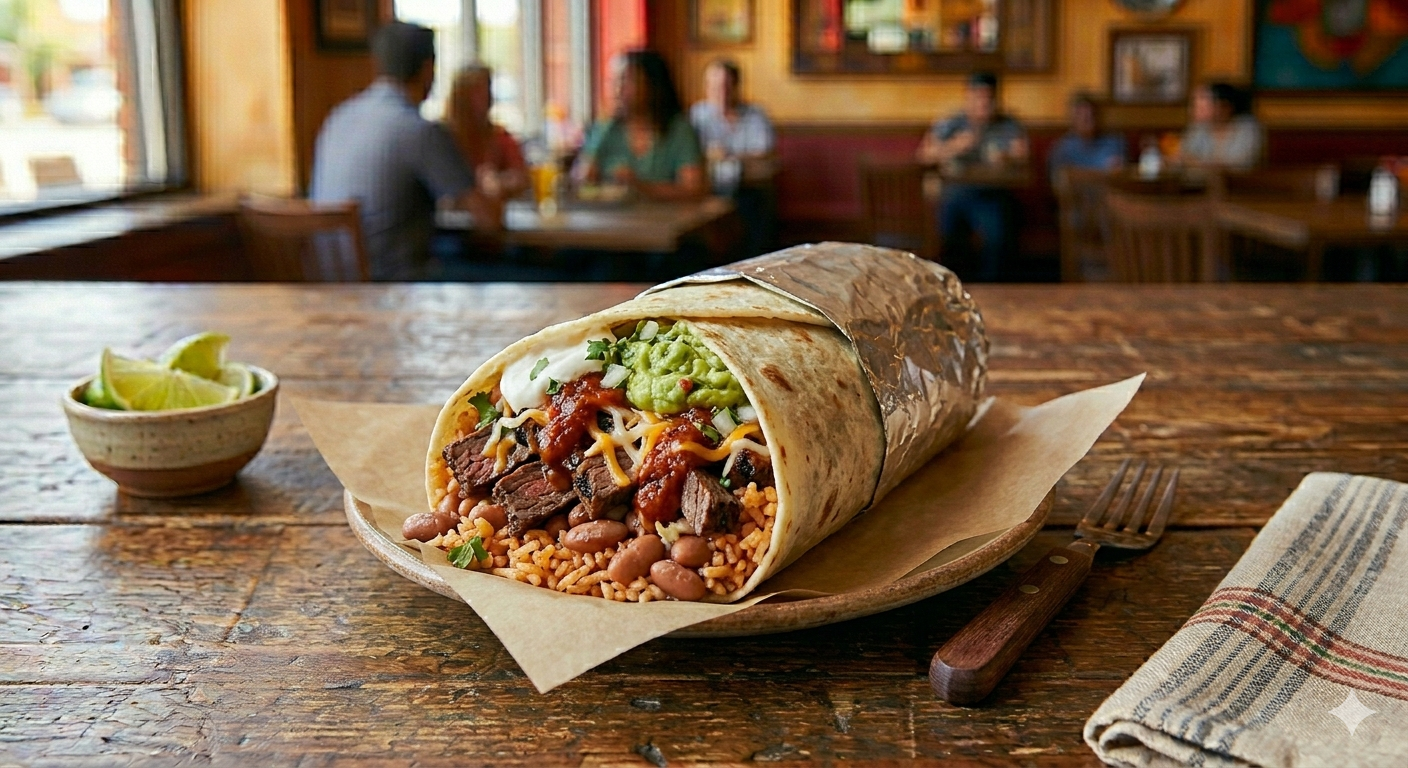 El Cohete Burrito loaded with carne asada, rice, beans, cheese, salsa and guacamole