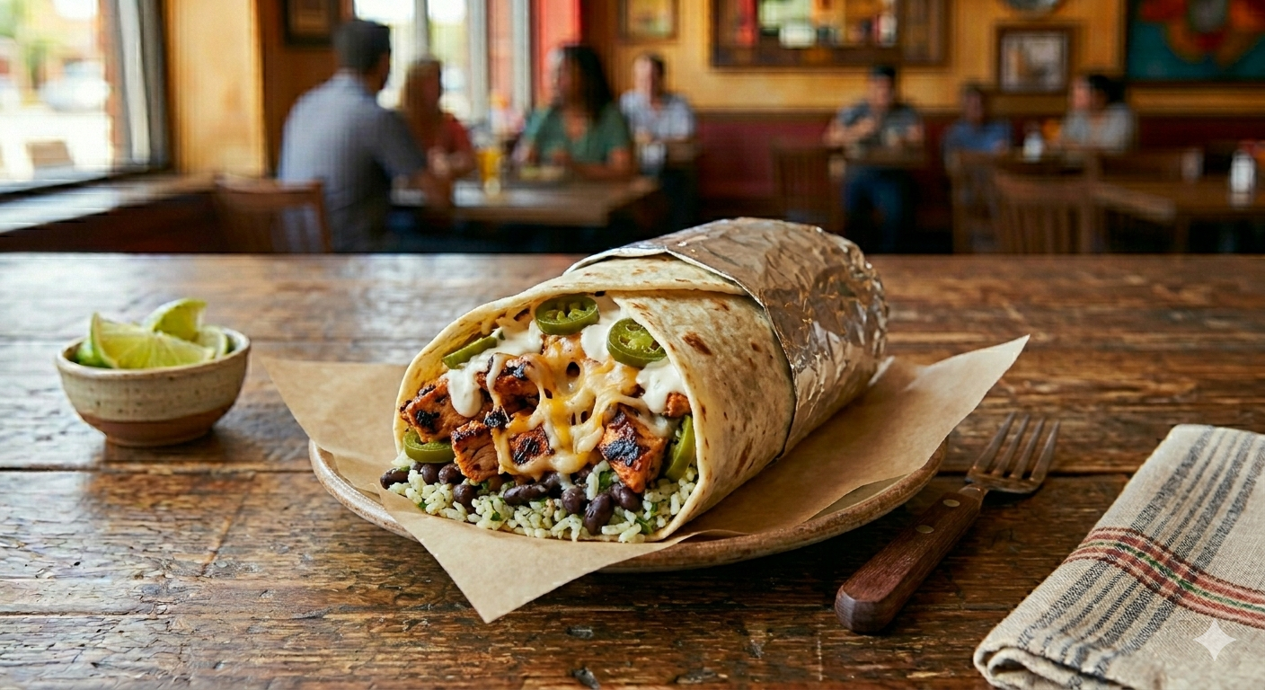Pollo Picante burrito with grilled chipotle chicken, melted cheese, crema and jalapenos over rice and black beans