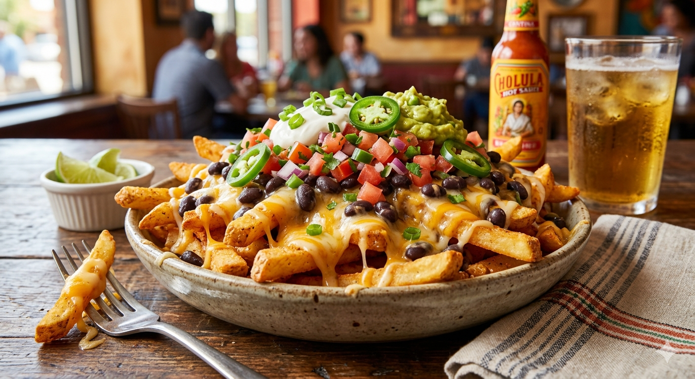Queso loaded fries topped with melted cheese, black beans, pico de gallo, guacamole, sour cream and jalapenos