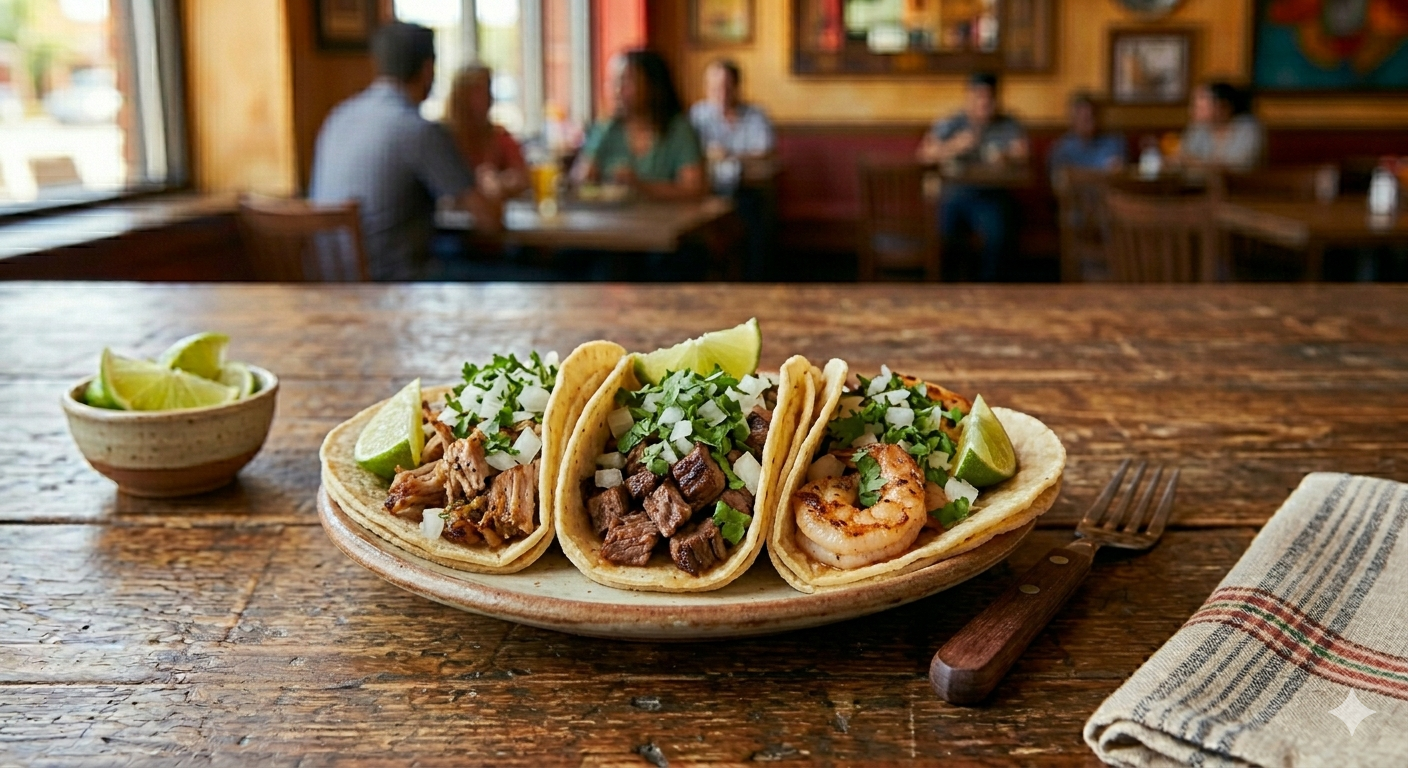 Three street tacos on corn tortillas topped with cilantro, onion and lime, with carnitas, carne asada and shrimp