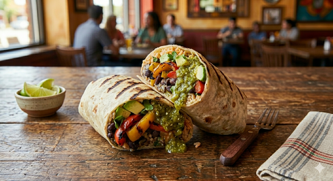 Veggie Verde burrito halved showing grilled peppers, black beans, avocado, rice and green salsa